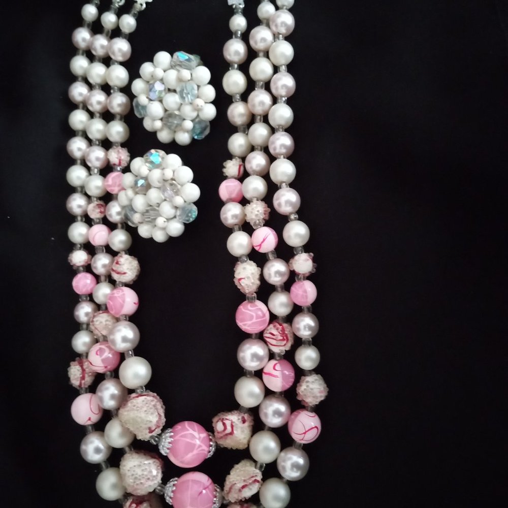 Mid Century Sugar Beads 3 strand and Earrings Set